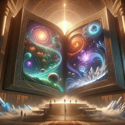 The primary subject of the image is a large, open book with a colorful and intricate design. The book is displayed in a setting that appears to be a library or a book-themed environment. The visual style of the image is a combination of digital art and illustration, creating a vibrant and engaging scene. The colors and mood of the image are lively and inviting, with a focus on the book as the central object of interest.
